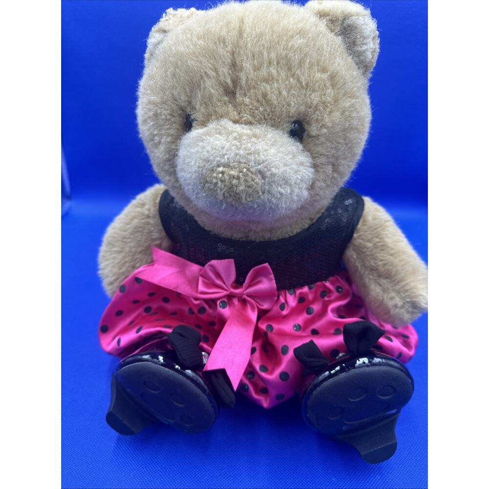 VTG 90s Build a Bear Beige Tan 14” Bear Plush with Pink Black Sequin Dress Shoes